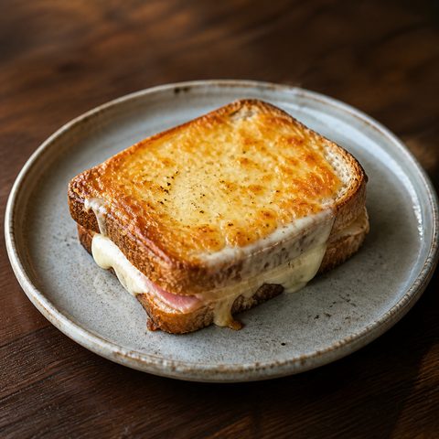 皿に盛られた、チーズがこんがり焼けたハム入りトースト